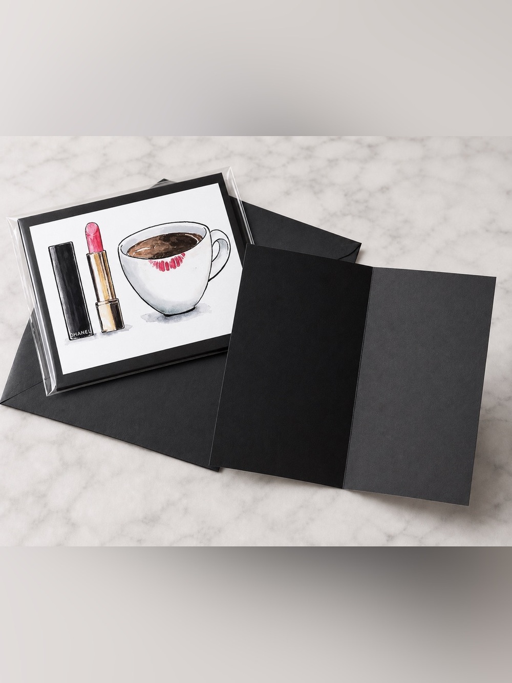 CHANEL Black Greeting Cards Pink Lipstick and Coffee Cup Illustration Set of 10